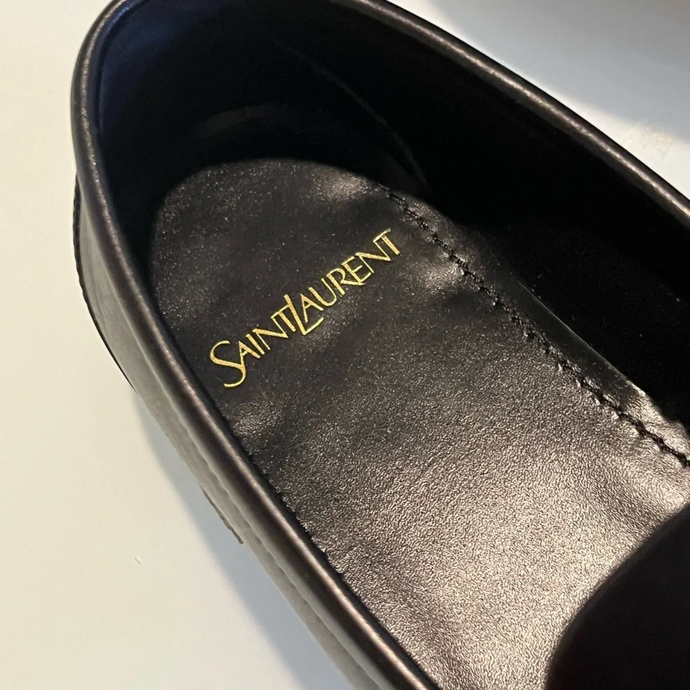Saint Laurent Black Leather Penny Loafers with Gold Logo - Picture 5 of 10